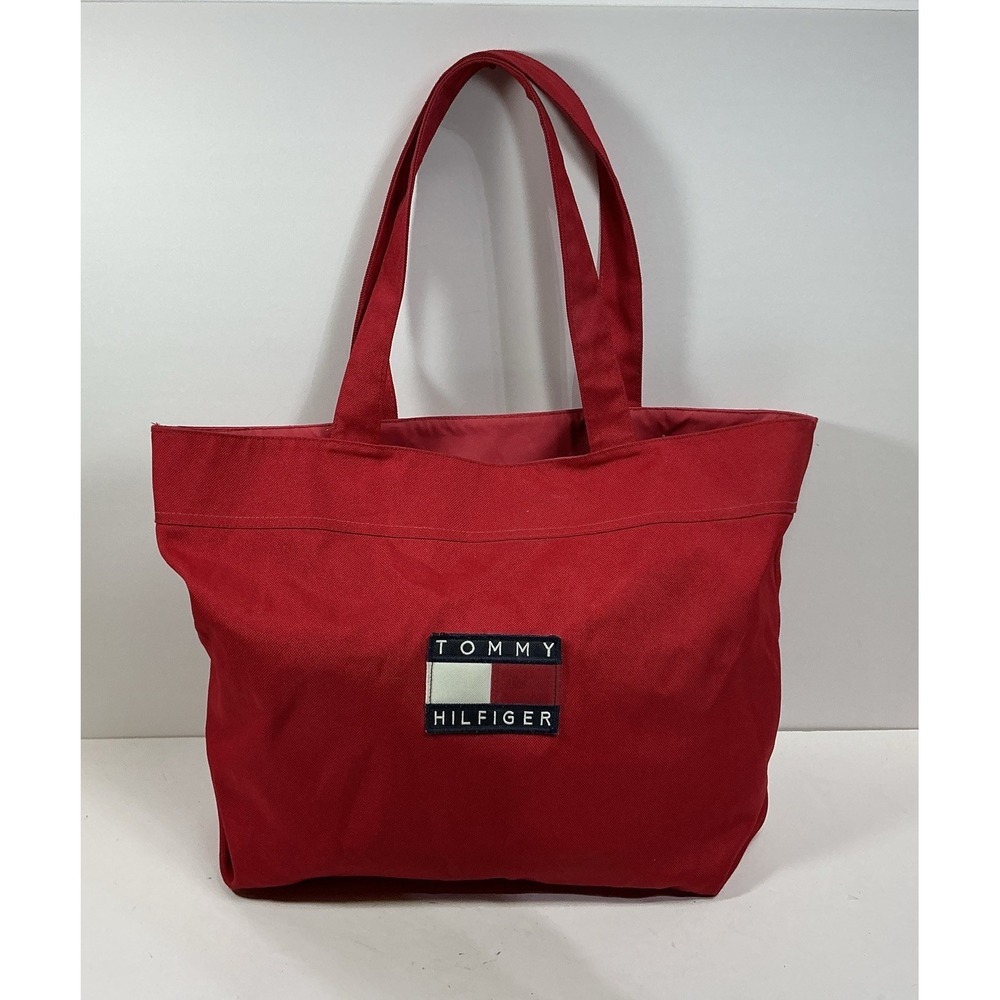 Vtg Tommy Hilfiger Canvas Tote Red Handbag Logo Classic Beach Bag 12x11